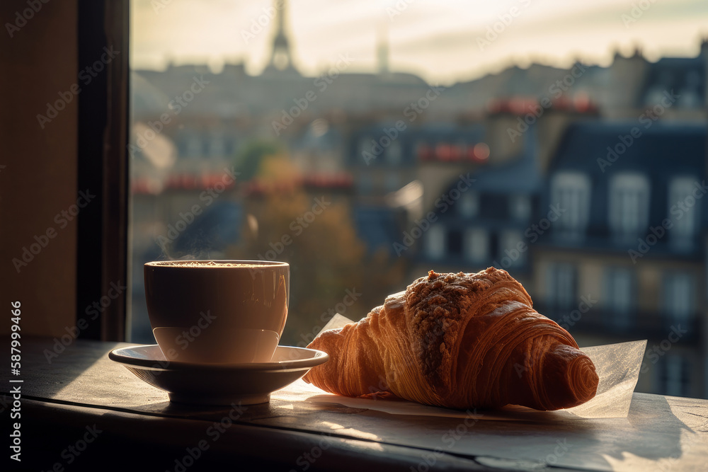 Brewed cup of coffee with a flaky croissant on a windowsill Brewed cup of coffee with a flaky croissant on a windowsill