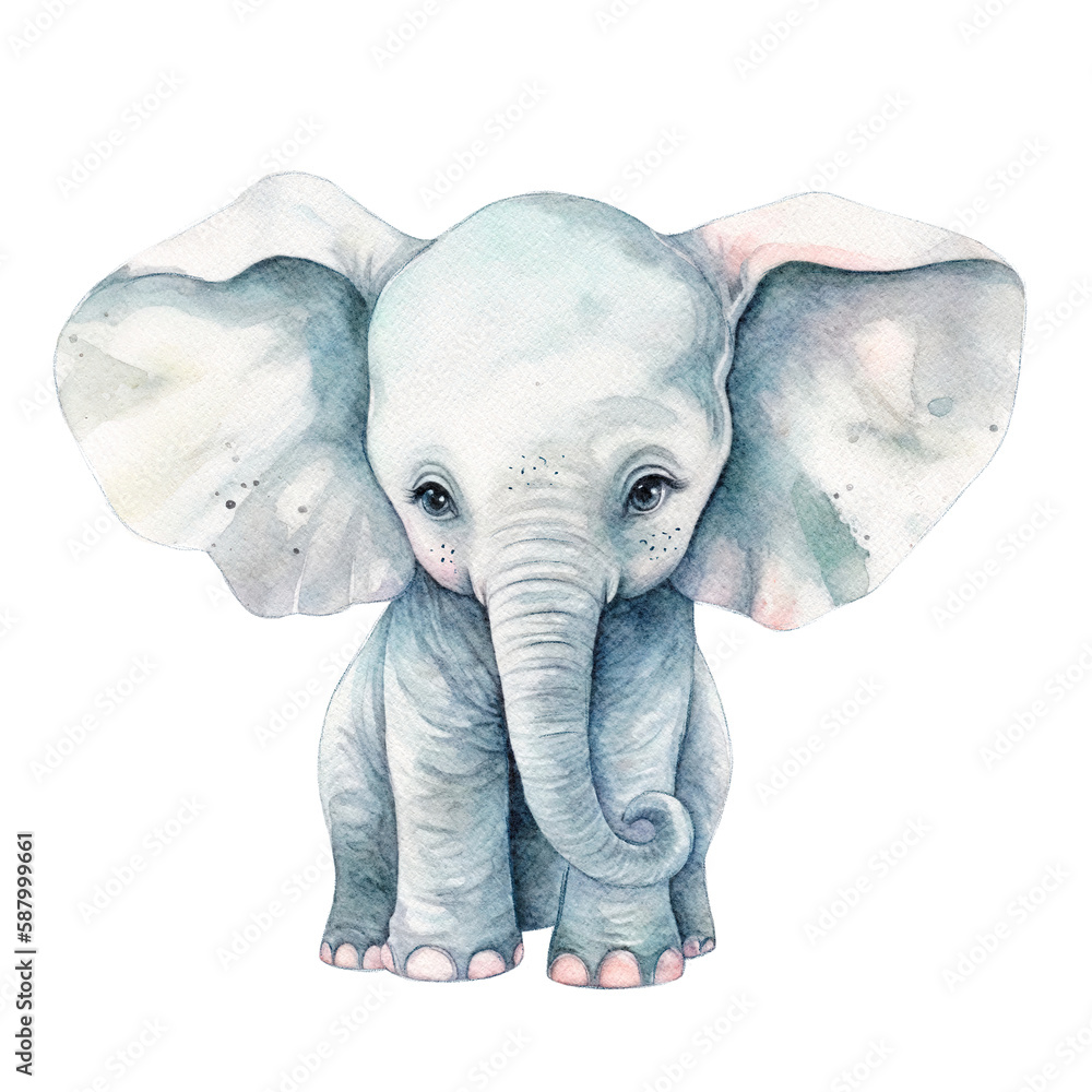 Watercolor cute cartoon elephant .Baby animal character Isolated on a white background.
