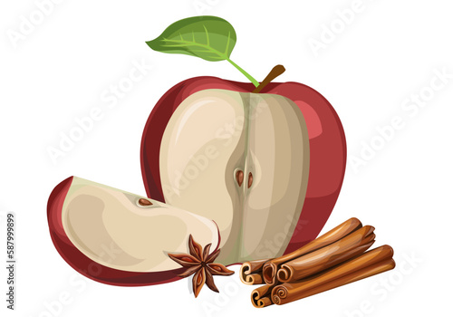Vector red apple with cinnamon and bayan, cut still life collection, sliced natural apple with green leaf and stem isolated on white background. Cartoon style.eps 10