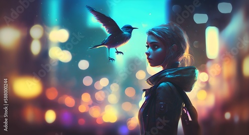 futuristic girl and a bird look each other in the eyes on night city background, illustration painting, Generative AI