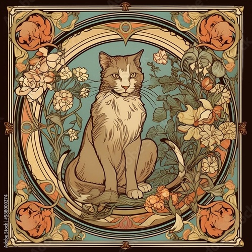 AI generated Alfons Mucha style cat photo