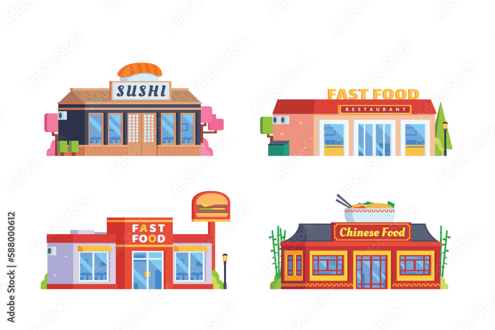 Vector element of sushi restaurant, fast food restaurant and chinese food restaurant flat design style for city illustration