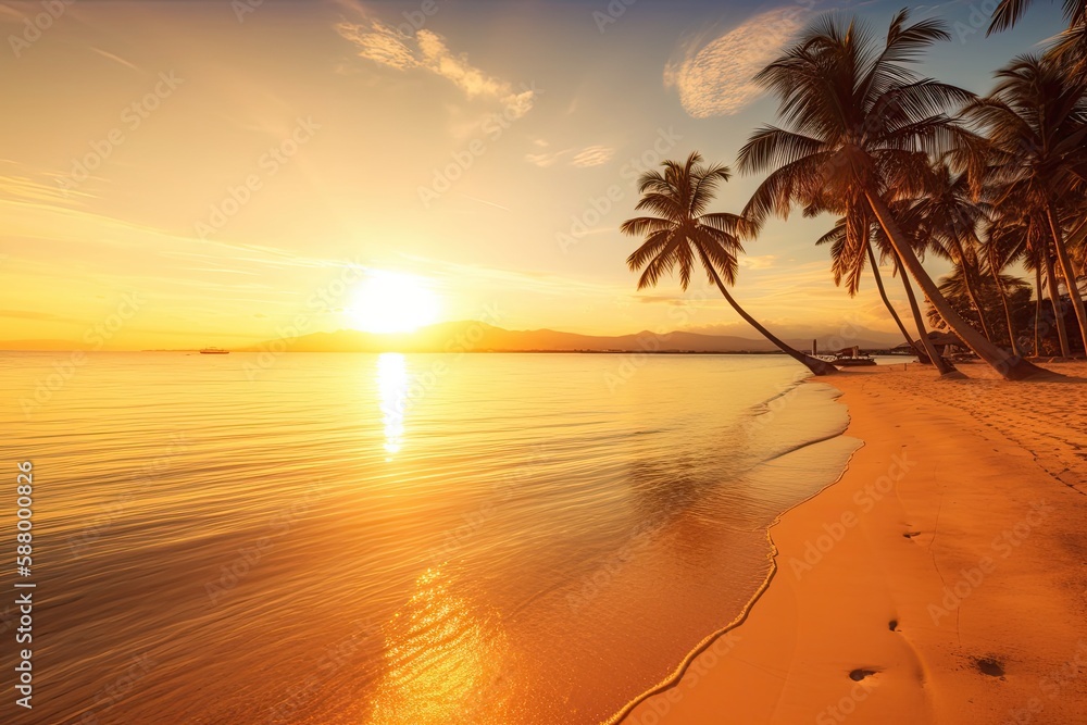 A serene beach with crystal-clear water, palm trees, and a beautiful sunset in the background Generative AI