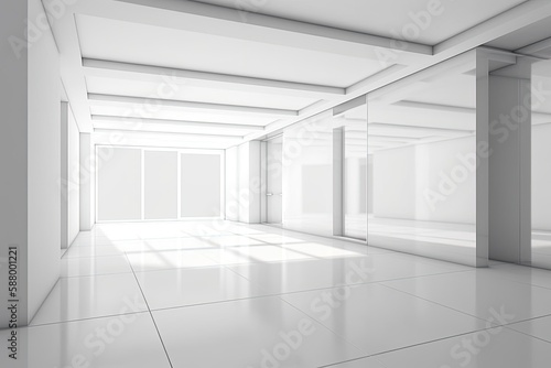 Illustration of an Empty Room with Minimalist White Walls and Floors. Generative AI