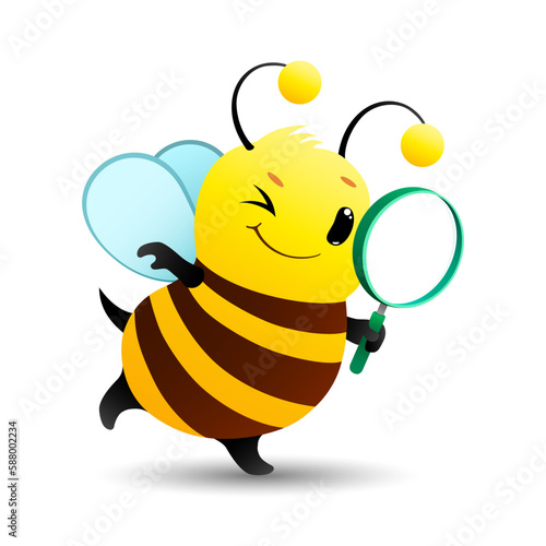 cute cartoon little honey bee looking for items with a magnifying glass on white background. funny bee in search. vector cartoon character illustration. © laduhis72