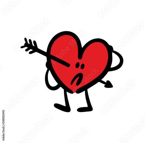 Cartoon hand drawn frustrated character heart pierced by a sharp arrow.