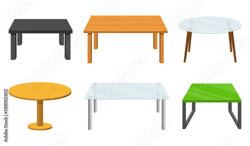 Different tables set isolated on white background. Tables furniture of wood, glass, metal and plastic for room or interior. Coffee tables vector illustration