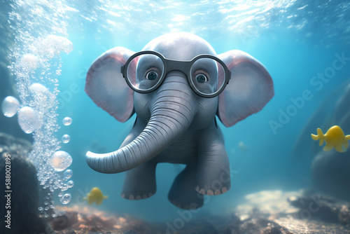 Adorable Little Elephant Dives Underwater with a Snorkel Mask