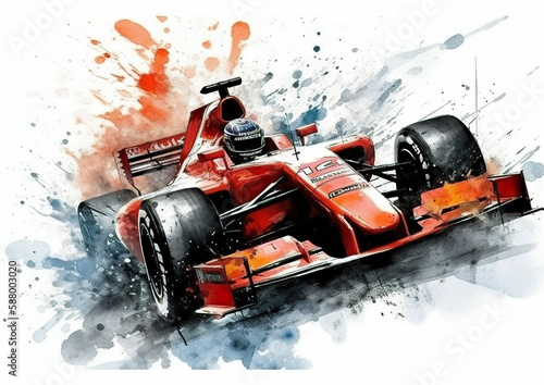 Watercolor abstract representation of Formula-1 racing car. Formula-1 racing car players in action during colorful paint splash, isolated on white background. AI generated illustration.