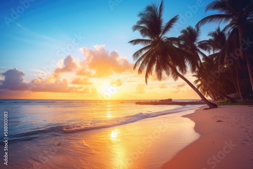 A serene beach with crystal-clear water, palm trees, and a beautiful sunset in the background Generative AI © PinkiePie