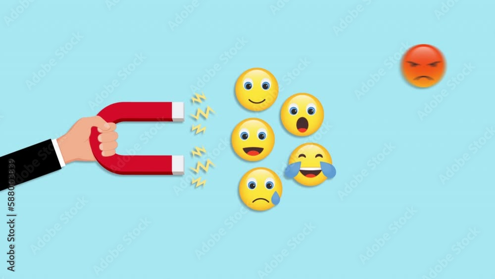 A human hand holding a magnet to attract emotions. Feedback, social media icons, technology, internet, communication, strategy, blue background. A human hand holding a magnet to attract emotions. Feedback, social media icons, technology, internet, communication, strategy, blue background.