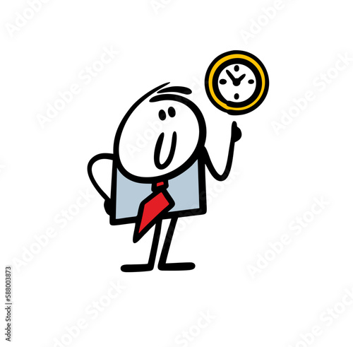 Businessman in office suit points his finger on watch.