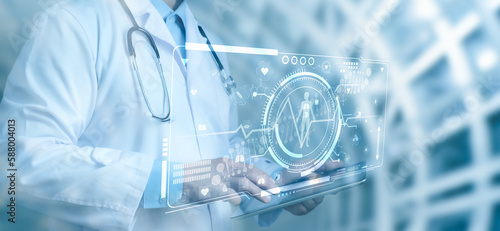 Doctor work with experiences a virtual interface with human body analysis. Digital healthcare and network connectivity on a modern interface. medical technology and futuristic concept