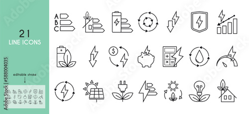 Energy Saving Icon Set. Battery, power level, piggy bank, calculator, lightning, energy protection, shield. Energy efficiency. Sustainable development. Editable stroke Vector
