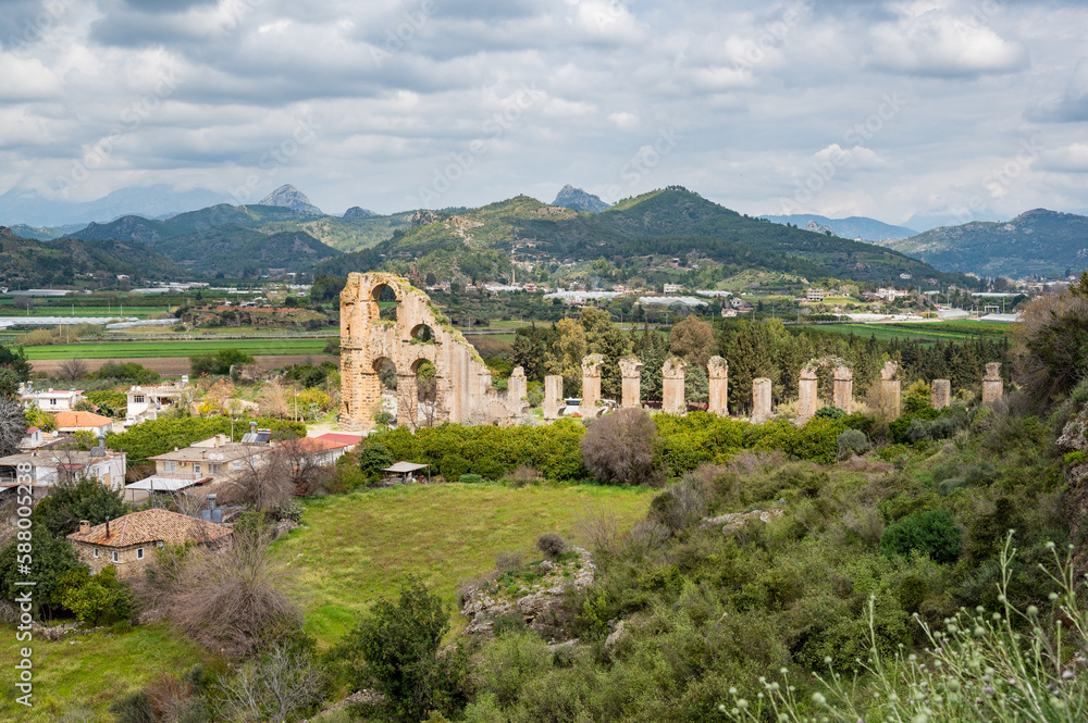 Old roman aquaduct in the Aspendos complex near Antalya, Turkey