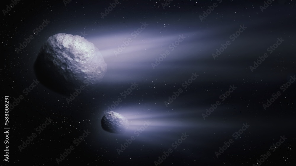 Comet nucleus with satellite. Large and small comet with a bright tail.