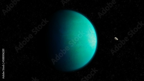 Planet with asteroid isolated, cosmos with earth-like exoplanet. Surface of a distant alien planet. Space background.