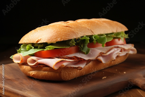 sandwich with ham and vegetables. black background. 