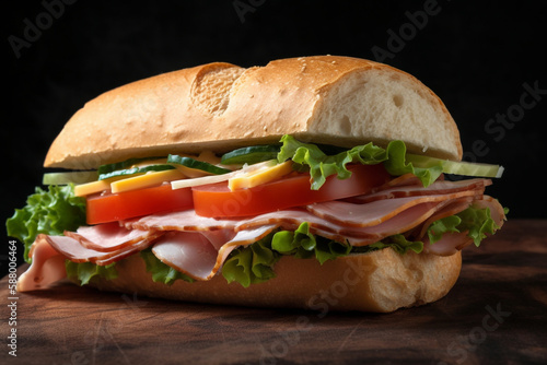 sandwich with ham and vegetables. black background. 