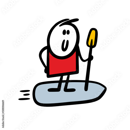Happy hand drawn cartoon guy surfing on a sup and holds paddle