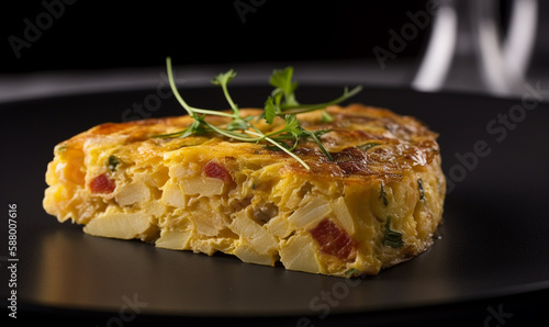 Illustration of delicious Tortilla Espanola. egg omelette and potato served as a tapa, tempting presentation. Generative AI.