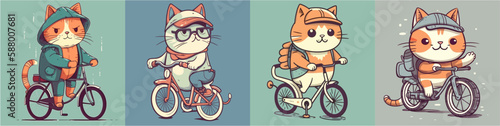 Flat color vector of happy cats riding bicycle set collection