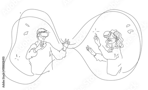 A Couple Woman And Man Wear Virtual Reality Digital Glasses. Making friends or love in VR Illustration. Flat liner vector illustration. photo