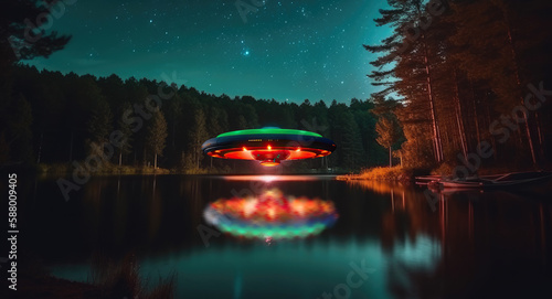Flying saucer hovering over pine forest lake at night by generative AI