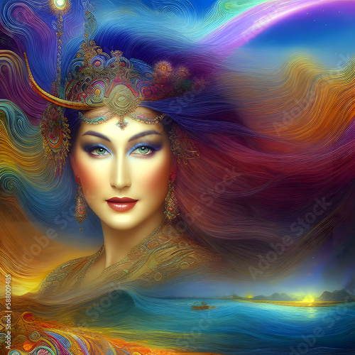 Frau mit wehenden Haaren in starken Farben. göttliche Erscheinung - ai generierte Art - | keine reale Person | 