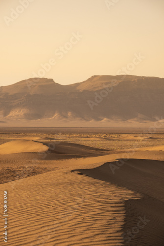 conjunto de dunas en el desierto y al fondo monta  as