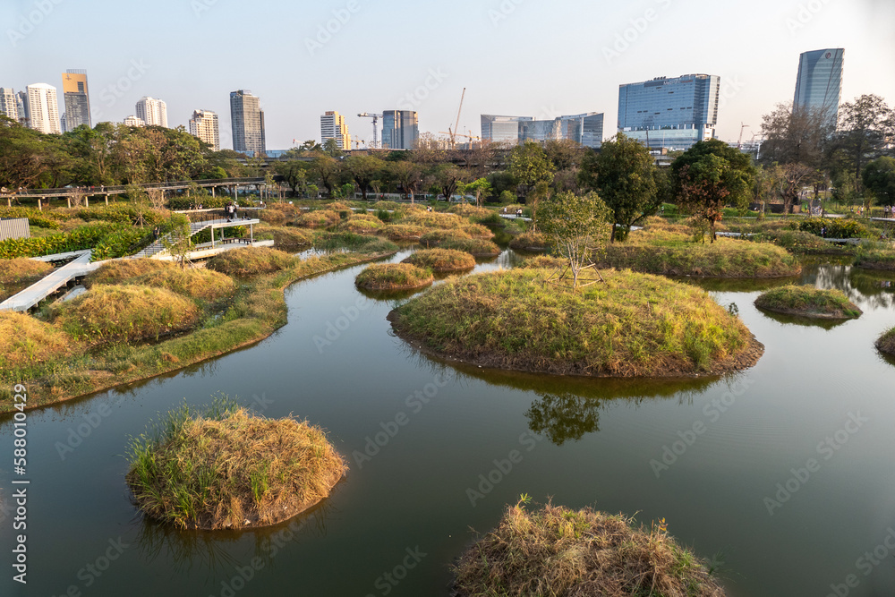 Benjakitti Forest Park, is new landmark public park of central Bangkok, Thailand. It's includes skyline view, sky bridge, walking path and central lake