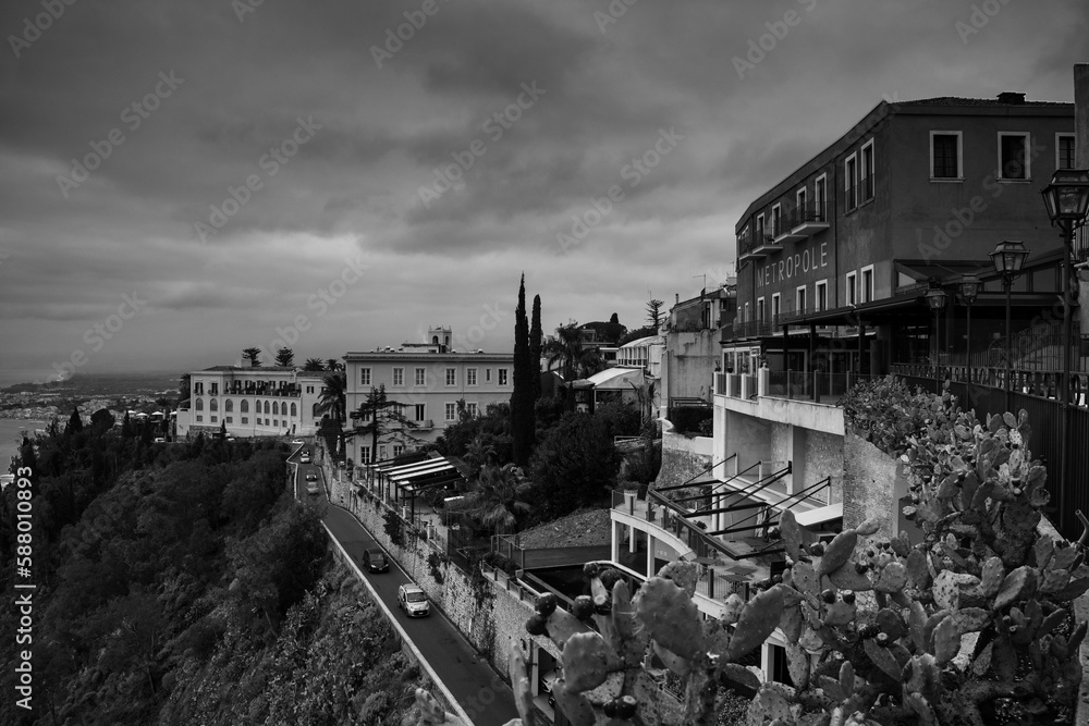 Black and white artistic dark panoramic view of Taormina, Sicily