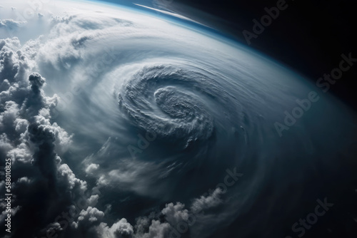 Giant eye of the hurricane storm cloud seen from outer space. Generative AI.