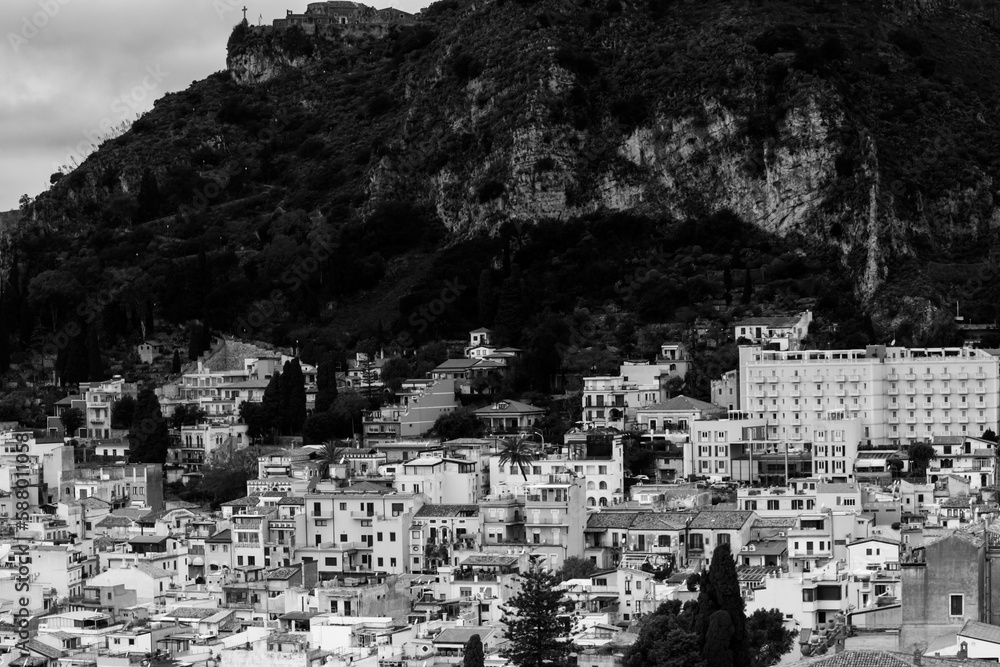 Black and white artistic dark panoramic view of Taormina, Sicily