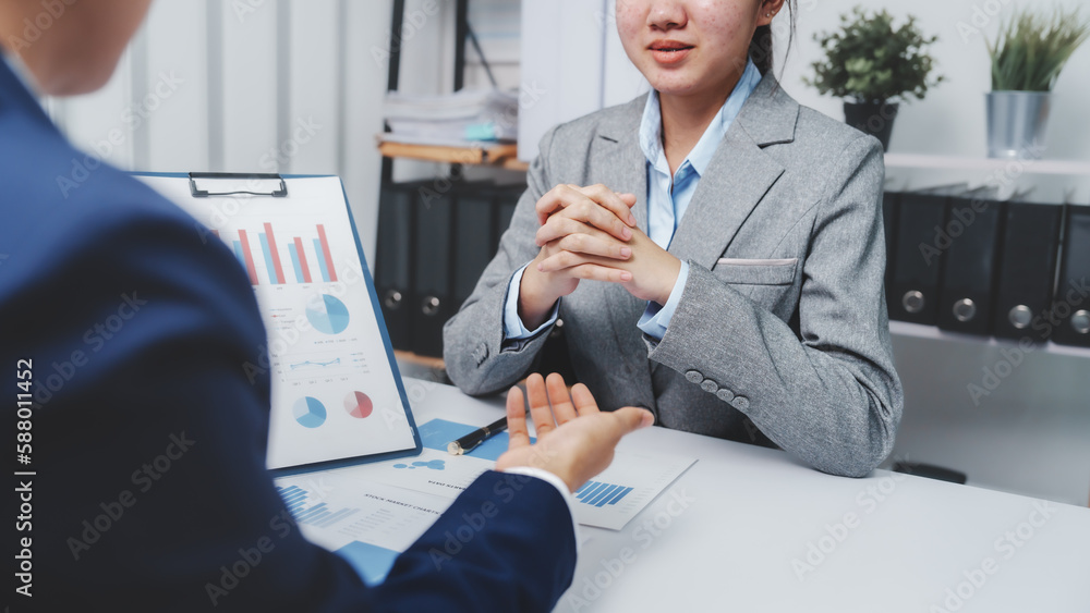 Young Asia female leader business woman coaching new smes bookkeeping audit accounting interview with trainer training business job. Young Asia female leader business woman coaching new smes bookkeeping audit accounting interview with trainer training business job.