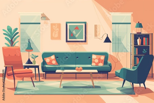 cozy living room with a bookshelf and comfortable furniture. Generative AI © AkuAku