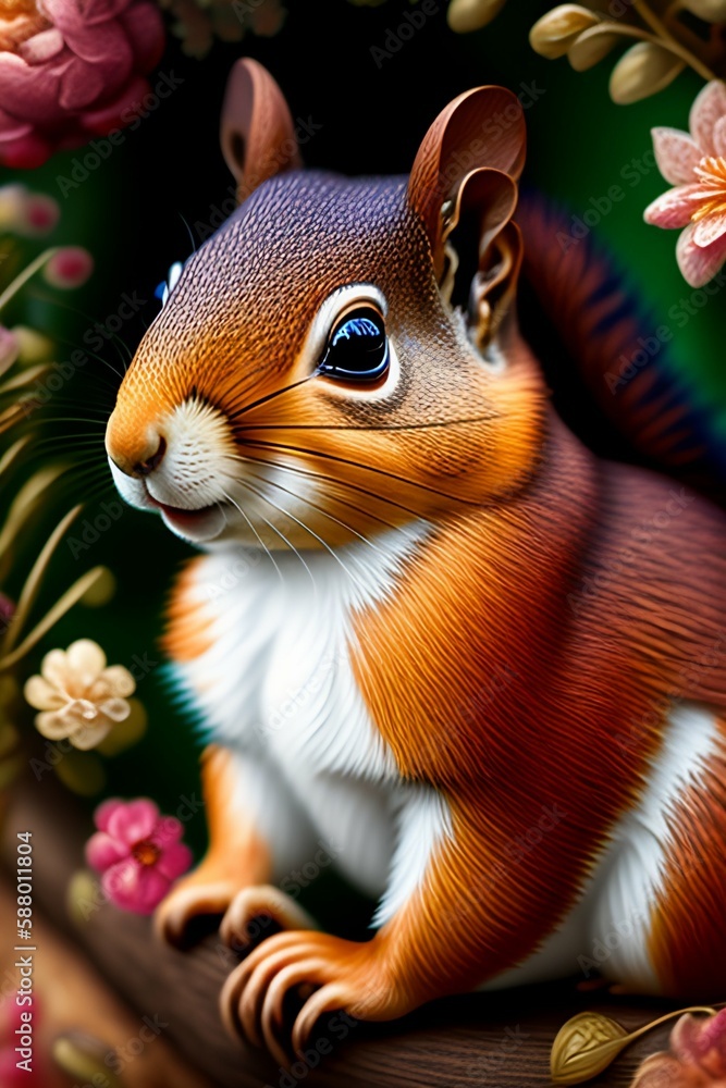 Red squirrel peeking out of a tree hollow in a mythical forest surrounded by plants and flowers in close-up