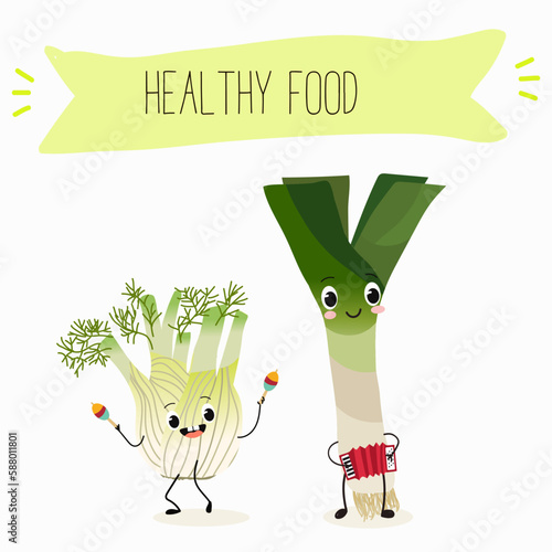 Illustration with funny characters fennel, leek, onion. Funny and healthy food. Vitamins, cute face food, ingredients, vegetarian, vector cartoon, agriculture,greenery.