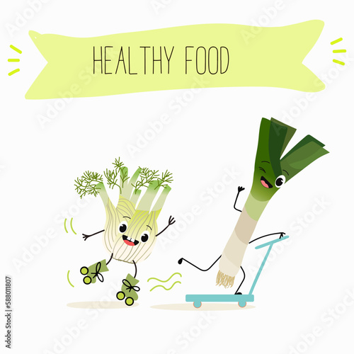 Illustration with funny characters fennel, leek, onion. Funny and healthy food. Vitamins, cute face food, ingredients, vegetarian, vector cartoon, agriculture,greenery.
