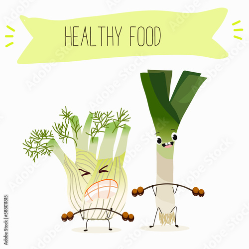Illustration with funny characters fennel, leek, onion. Funny and healthy food. Vitamins, cute face food, ingredients, vegetarian, vector cartoon, agriculture,greenery.