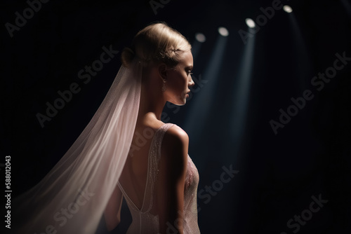 Gorgeous woman wearing a thin translucent silk veil on the catwalk at a fashion show created with generative AI technology. photo