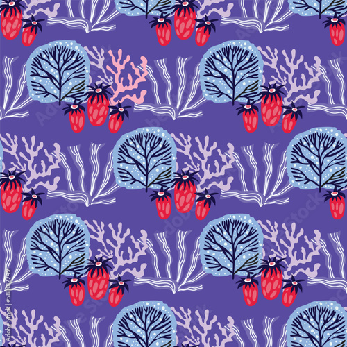 Beautiful seamless pattern with seaweeds, Sea underwater plants, ocean coral reef and aquatic kelp,  algae and seashells, jellyfish. Marine  background.  Vector illustration.  