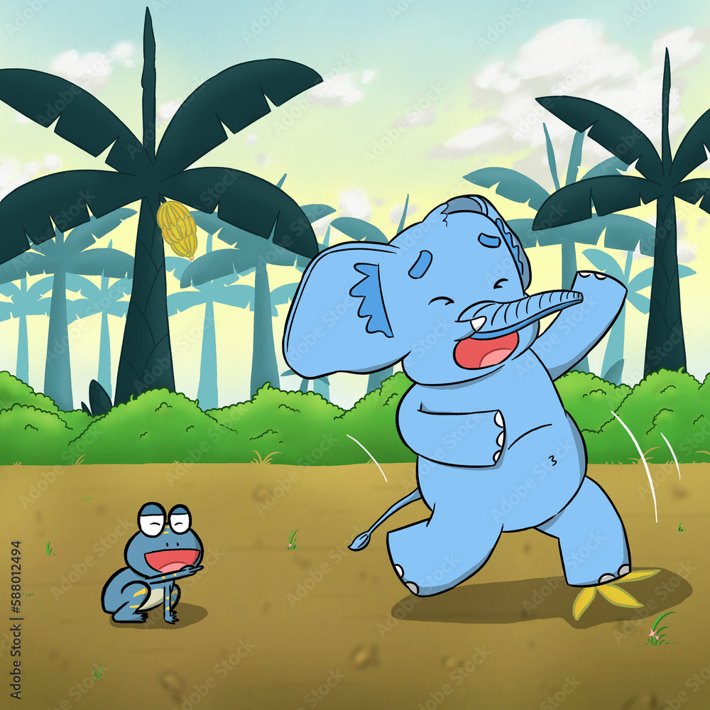 Illustration of a frog laughing when an elephant slips. Perfect for art