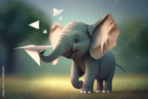 The Playful Little Elephant Making a Paper Airplane Soar with His Trunk