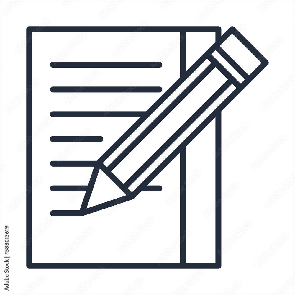 Document writing line icon isolated on white. Vector illustration.Writing icon,
Pen icon,
Notebook icon.Pen and paper outline icon. linear style sign for mobile concept and web design. Document writing line icon isolated on white. Vector illustration.Writing icon,
Pen icon,
Notebook icon.Pen and paper outline icon. linear style sign for mobile concept and web design.