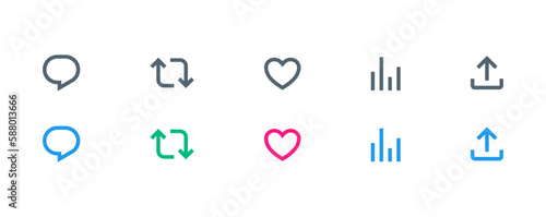 like icon, reply, retweet, view, share icon signs - social media notification like comment, share icons. social network post reactions collection set. vector illustration photo