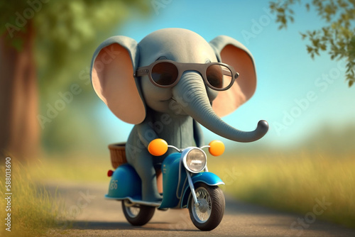 Little elephant cruising through the woods on a moped