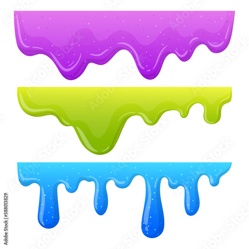 Cartoon dripping slime. Liquid mucus borders, sticky slime splashes. Jelly dripping dividers. Goo sticky slime flat vector illustration set