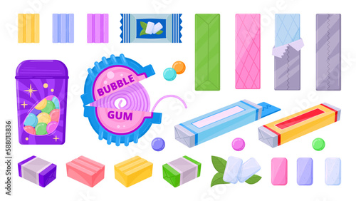Cartoon bubblegum. Gum splashes, gum packaging, chewing dragees and bubblegum stripe. Chewing gum spots flat vector illustration set