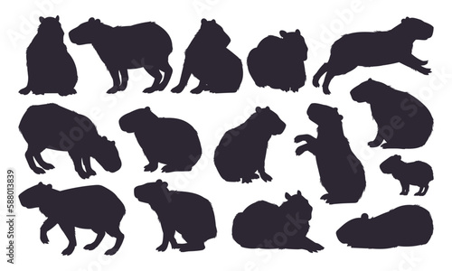Capybara silhouettes. Semi-aquatic capybara wild animals cute animals, cute mammal hydrochoerus stencil flat vector illustration set. Capybara rodent silhouette collection